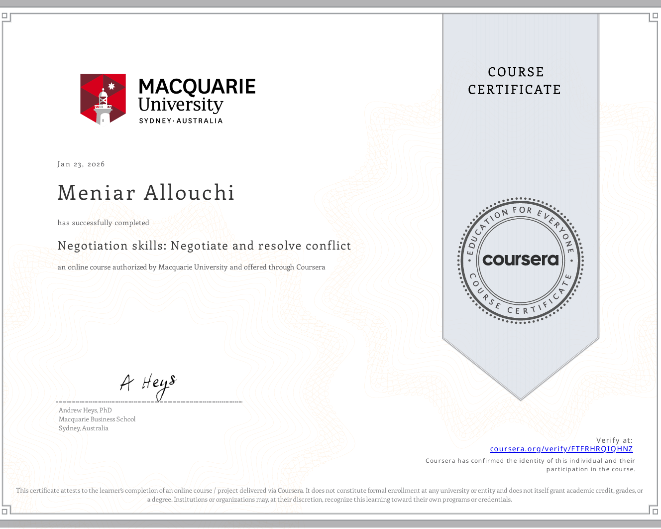 Negotiation Certificate