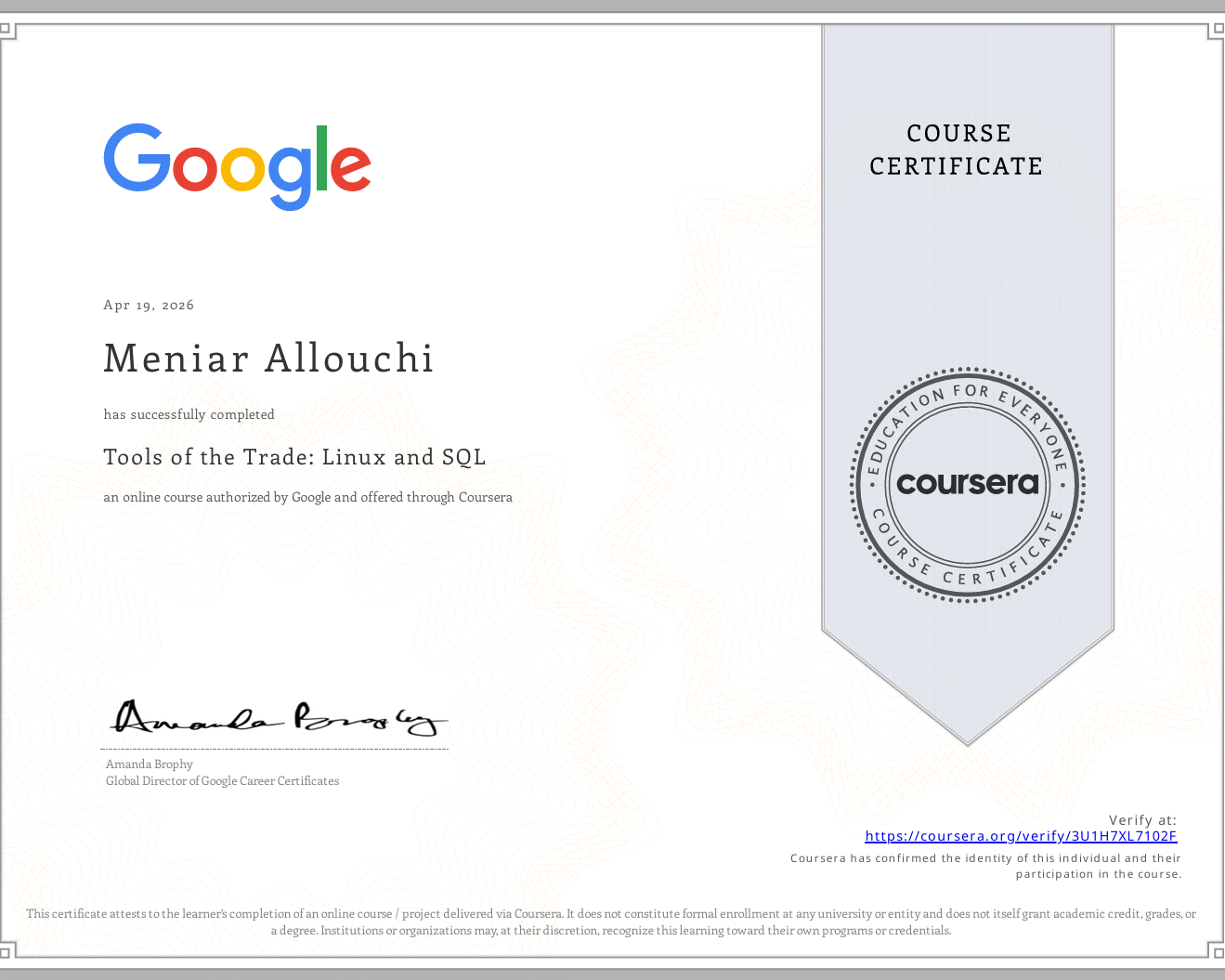 Google Linux and SQL Certificate